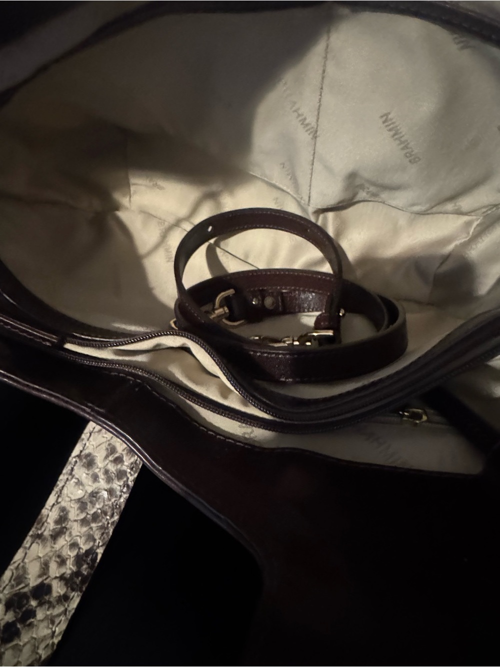 Brahmin Carla Dark Brown Leather Shoulder Bag with Snake-Print Accent - Picture 8 of 8